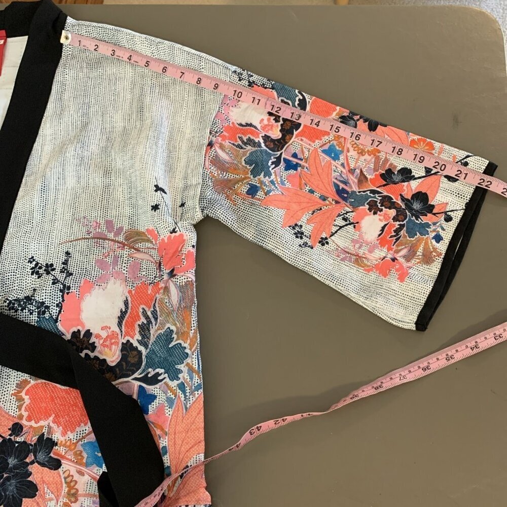 IC By Connie K Womens S Kimono Cardigan Floral Artsy Tie Asian Jacket Tunic Top - Picture 12 of 13